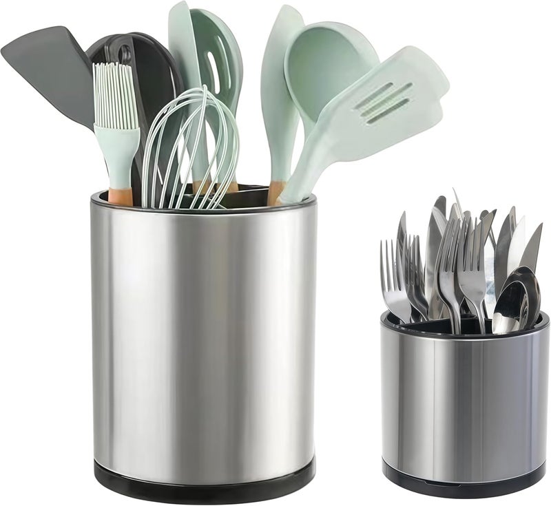 LIBODOUR Kitchen Utensil Holder Extra Large Rotating For Counter Organizer Stainless Steel Storage Cooking Silverware Caddy 3 Compartment Flatware Spoon Spatula Tool Cutlery Container（2 Set Silvery） - Image 1